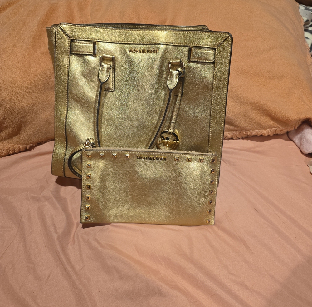 Michael Kors Metallic Gold Tote with Studded Gold Wristlet